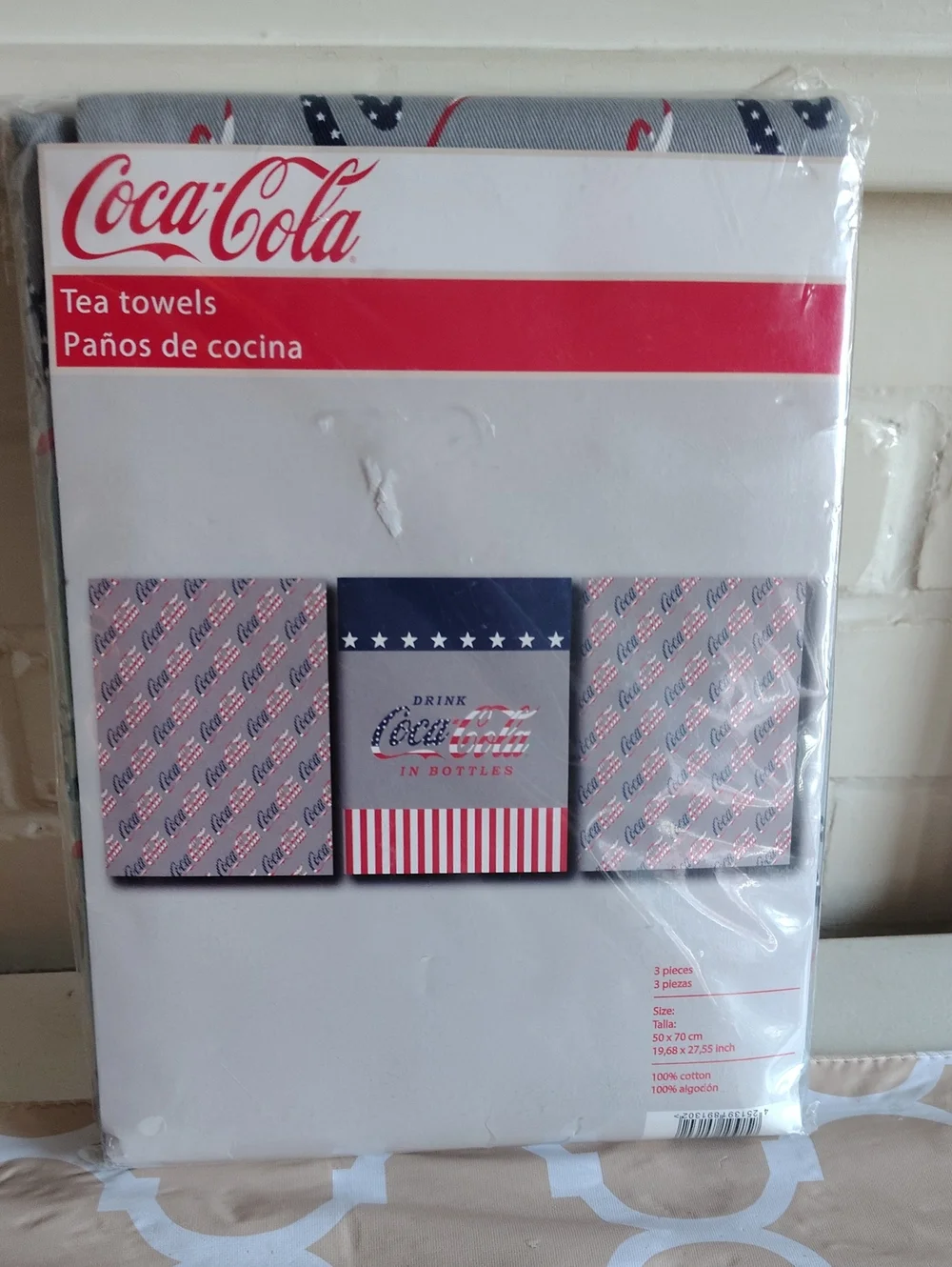 Coca-Cola 3-Piece Cotton Tea Towel Set NIP Red White Blue 19.7